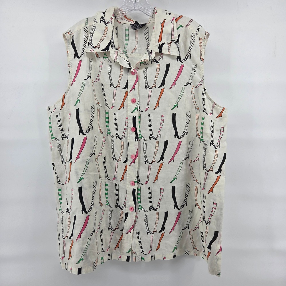Silkland Woman Shirt‎ 3X White Linen Sleeveless Boot Print Eclectic Art-Inspired